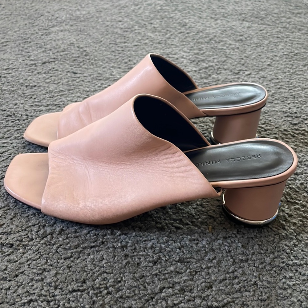 Pink block heel with silver at heel Rebecca Minkoff shoes